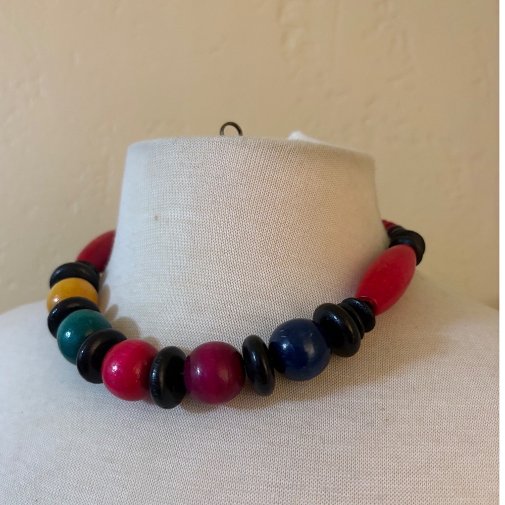 Vintage Multicolor Chunky Wood Bead Statement Necklace Primary Colors Boho